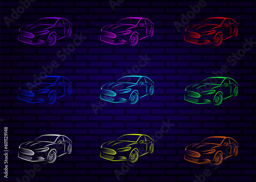 Set of vector illustrations of neon cars in bright neon colors on a blue brick wall