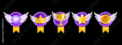 3D game badge set, vector level up medal icon kit, golden rank crown, award star emblem coin. UI victory cup reward rating cartoon casino prize bonus trophy pack, quality bonus. Game badge app clipart