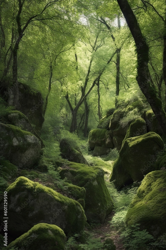 illustration, landscape with stone grotto with trees and bushes, ai generative. illustration, landscape with stone grotto with trees and bushes, ai generative.
