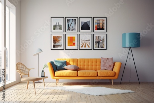 minimal design apartment, a wall with many picture frames, a modern living room, colorful furniture © JetHuynh