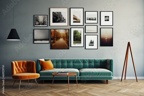 minimal design apartment, a wall with many picture frames, a modern living room, colorful furniture © JetHuynh