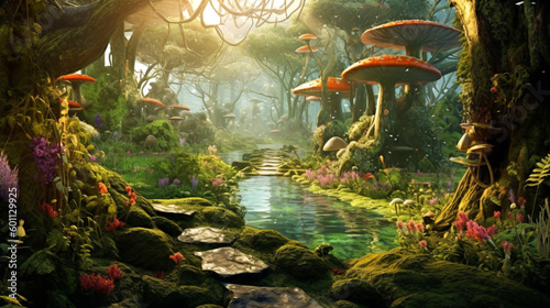 Fantasy Forest with Giant Mushrooms and Magical River Path