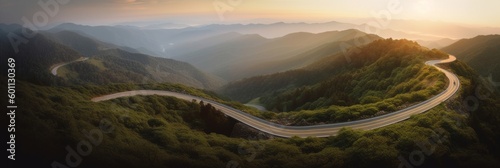 A winding road in the middle of the mountains. Generative AI image.