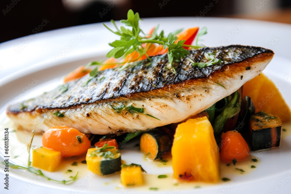Tasty grilled dorada fish with vegetables and sauce on wooden background. Ai generated Tasty grilled dorada fish with vegetables and sauce on wooden background. Ai generated