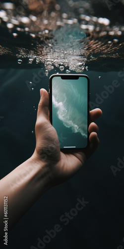 AI-generated illustration of a crop unrecognizable male hand shooting a video of a water vortex on an underwater waterproof mobile phone photo