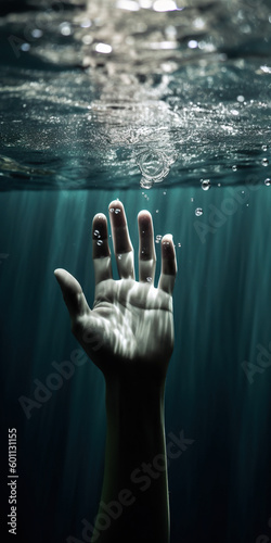 Generative AI illustration of despair drowning male hand underwater in dark see under splashes and bubbles with sun rays