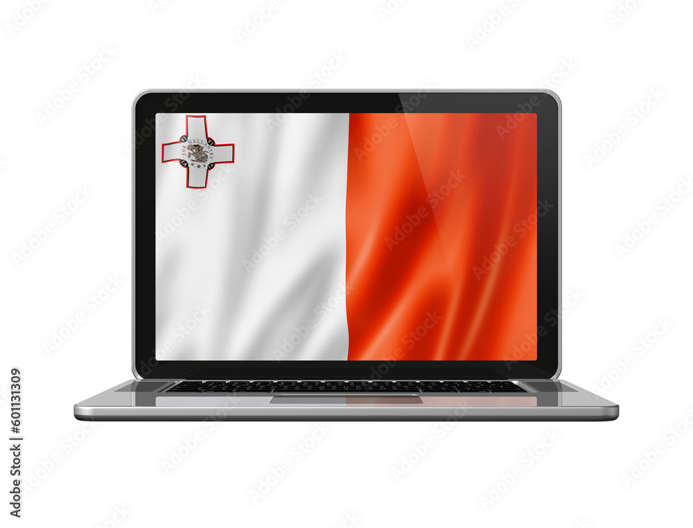 Malta flag on laptop screen isolated on white. 3D illustration Malta flag on laptop screen isolated on white. 3D illustration