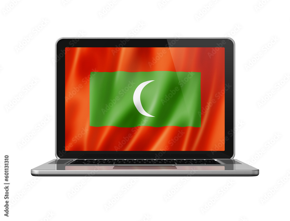 Maldives flag on laptop screen isolated on white. 3D illustration Maldives flag on laptop screen isolated on white. 3D illustration