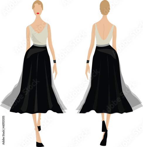 Female walking pose fashion sketch illustrator. Wearing black blouse and beige slim fit. Fashion design.