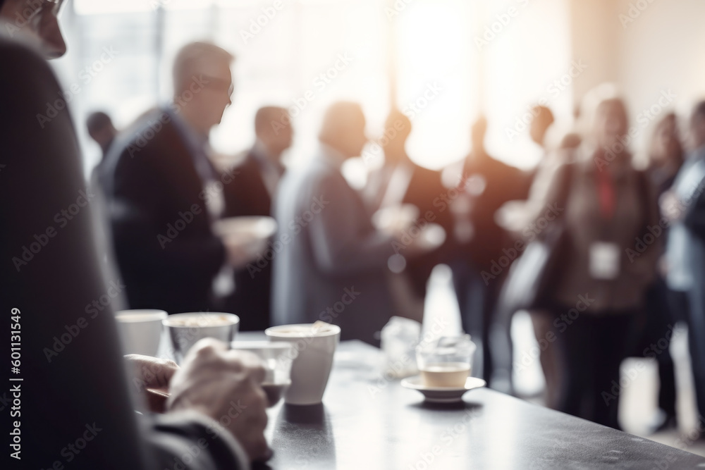 Groups of colleagues communicating with each other during break on business presentation in office meeting room. Blurred people in background