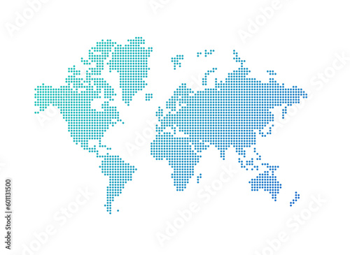 Illustration of a blue world map made of dots on a transparent background