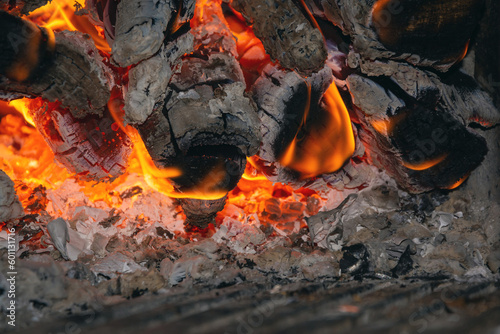 Firewood burning in a bright hearth. Warm fire from the bonfire. Burning tree