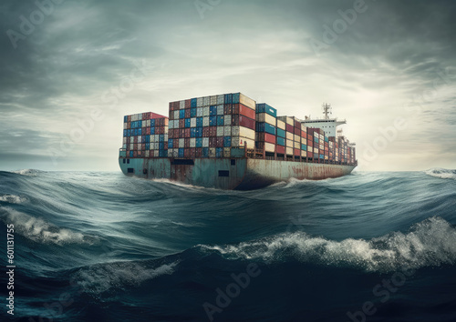 AI generating illustration with a picturesque image of a loaded old cargo ship sailing on a turbulent, undulating dark sea under a background of cloudy sky