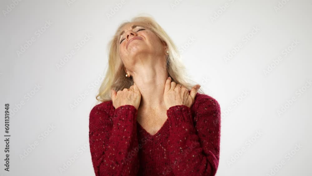 Portrait of tired upset middle aged woman suffering from neck pain. Exhausted unhappy elderly mature lady massaging muscles, feeling unwell at home, osteoarthritis ache concept. Portrait of tired upset middle aged woman suffering from neck pain. Exhausted unhappy elderly mature lady massaging muscles, feeling unwell at home, osteoarthritis ache concept.