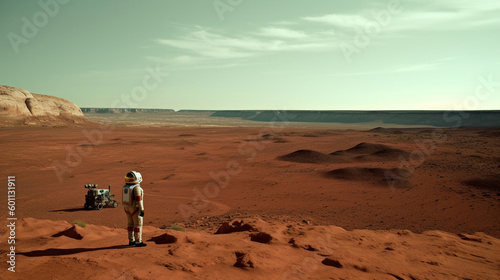 Generative AI image back view of unrecognizable astronaut standing near rocks and cart with tools while looking away at mountains and landscape on planet in sunlight