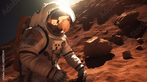 Generative AI image of anonymous spaceman in helmet and space suit standing near rocky formation and collecting samples with gloves on a distant planet photo