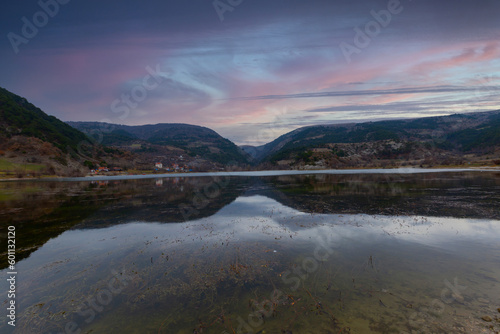 Cubuk Lake in Goynuk District of Bolu, Turkey. Beautiful lake view with windmills.