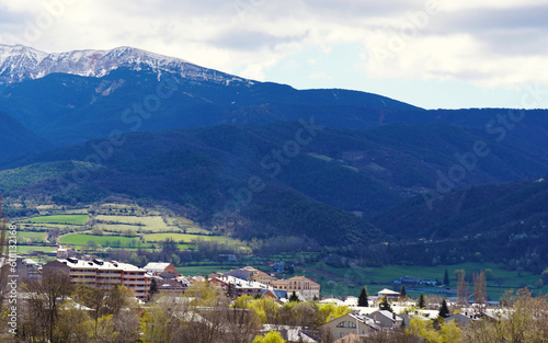 Mountain landscape with village and mountains in the background in the region of Alt Urgell, Lleida. 