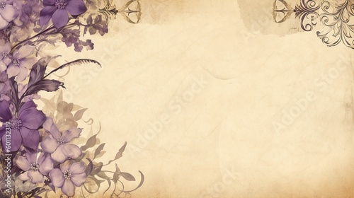 A beige parchment page with a floral border of soft purple and yellow blooms .generative ai