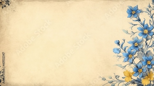 A blank parchment page with a shabby chic border of delicate blue and yellow flowers .generative ai