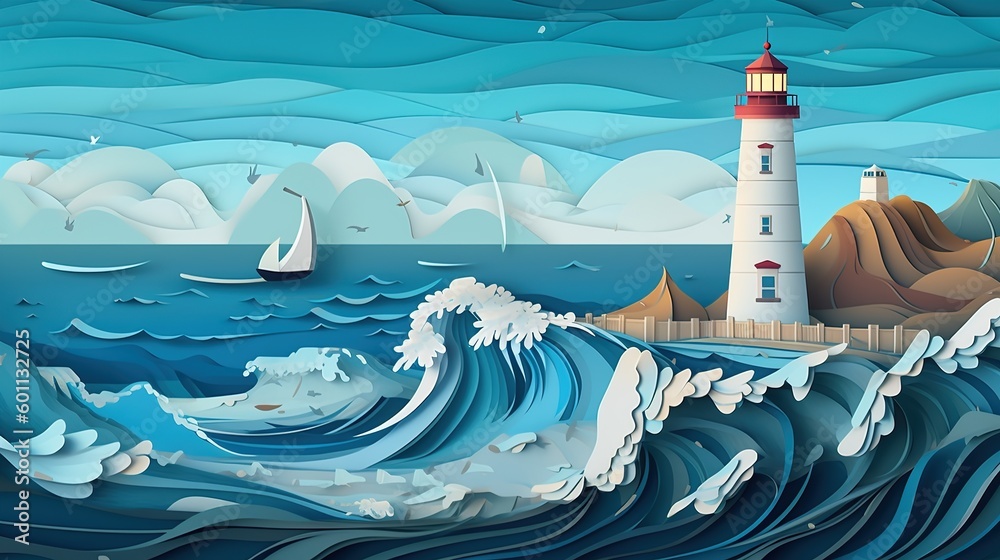 A lighthouse with waves crashing against the rocks in the foreground. paper - cut art, paper illustrations .generative ai