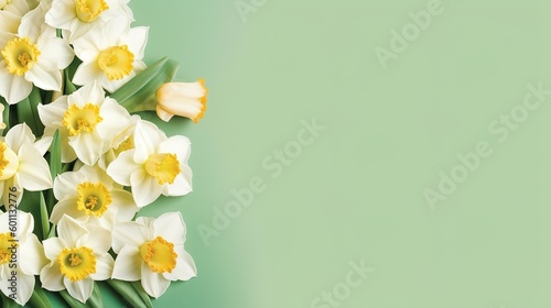 A parchment page with a floral border of white and yellow daffodils on a light green background .generative ai © Clint