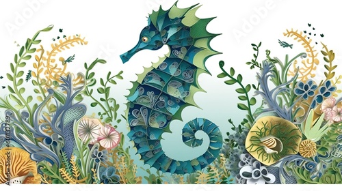 A seahorse swimming in the ocean surrounded by seaweed and other marine life.paper - cut art, paper illustrations .generative ai