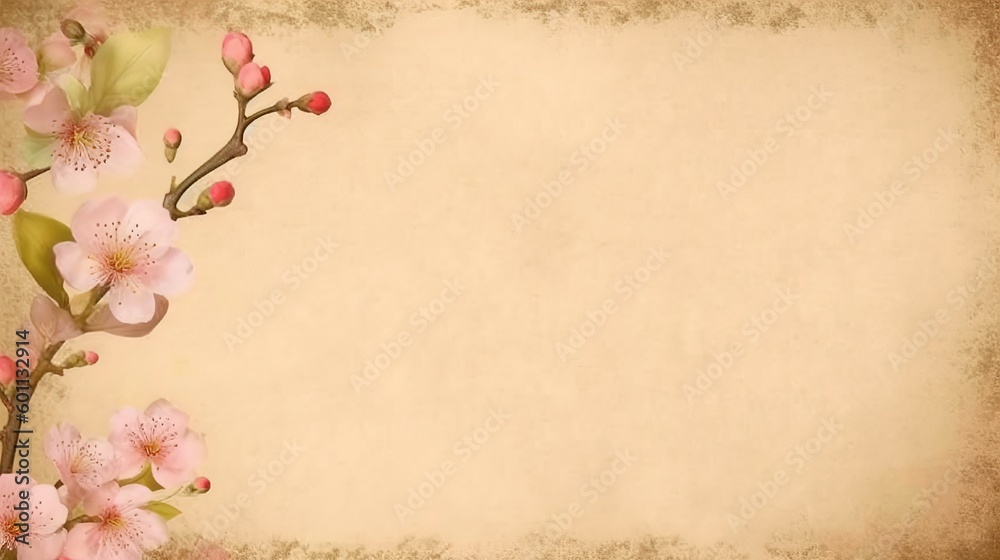 An antique-style parchment page with a floral border of pale yellow and pink blossoms .generative ai An antique-style parchment page with a floral border of pale yellow and pink blossoms .generative ai