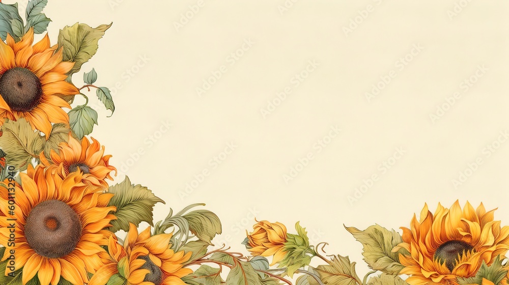 Obraz premium An antique-style parchment page with a floral border of yellow and orange sunflowers .generative ai