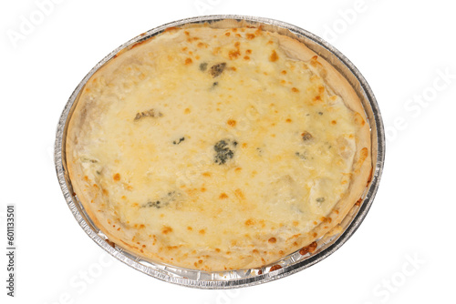 Four cheese pizza isolated on white background.