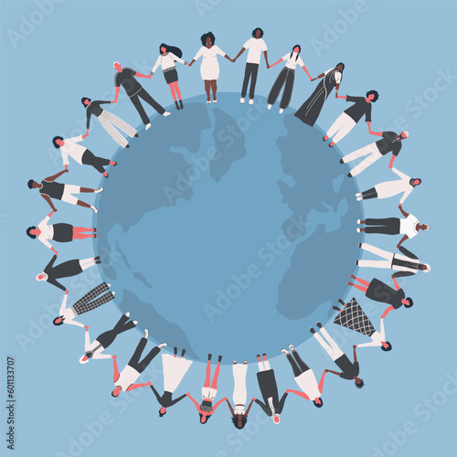 large group of people. Men and women are holding hands, stand around the world map. Multicultural group of people. Vector illustration