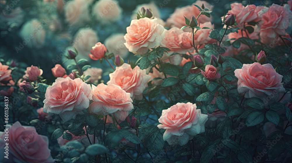 blooming rose bush with beautiful flowers. spring summer concept. Generative AI