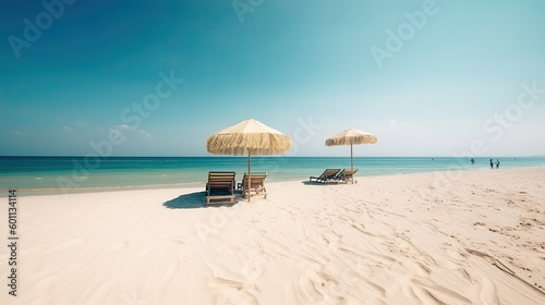 beautiful white sandy beach with turquoise sea and two loungers with umbrellas. no people. Generative AI