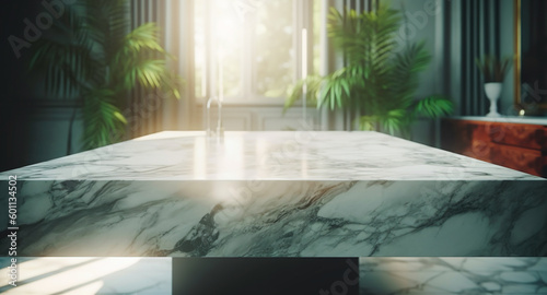 Marble rock table top with greeny leaves,foliage of tropical garden.morden contemporary of kitchen or ivingroom.interiors design background.generative ai technology © Limitless Visions