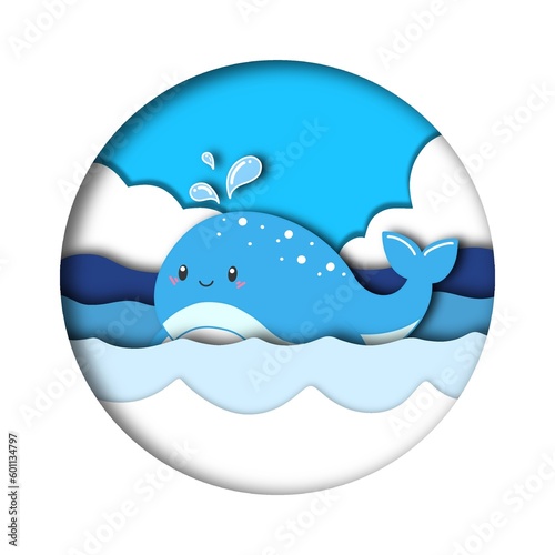 Animal sea whale in ocean under blue sky cartoon cute premium character illustration for kids , in world ocean day concept, paper art style, papercut, use for poster or background