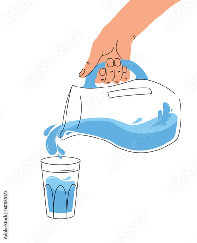 Hand pouring water from jug in glass. Vector illustration isolated on white background. Flat style. Reusable container for liquids, water balance.