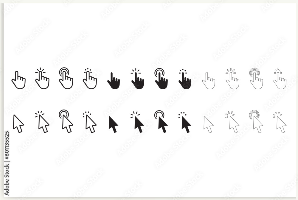 Set of Hand Cursor icons click and Cursor icons click. Isolated on a White background, vector. Set of Hand Cursor icons click and Cursor icons click. Isolated on a White background, vector.