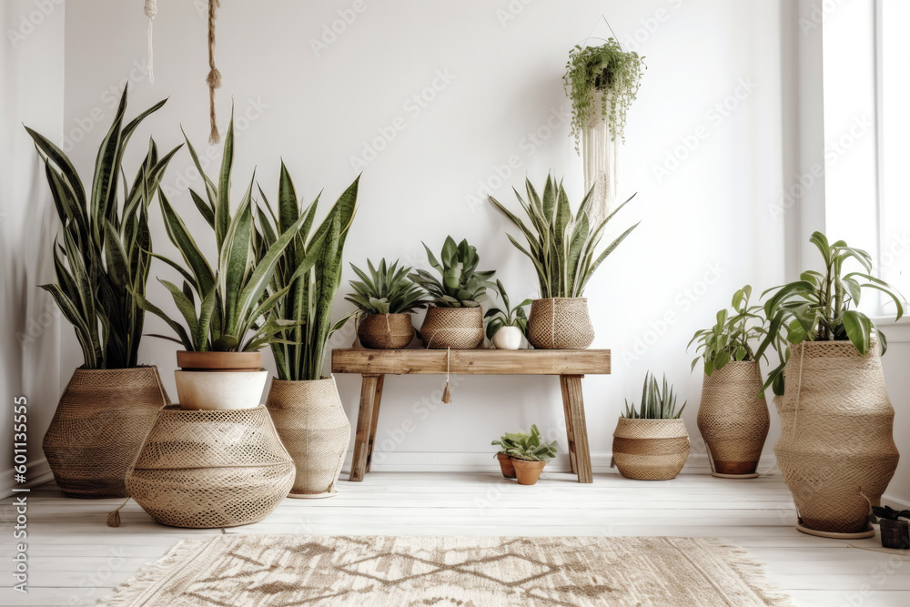 Fototapeta premium Green plants in rustic pots on wooden stand.Modern room decor. Peperomia, sansevieria, dracaena plants