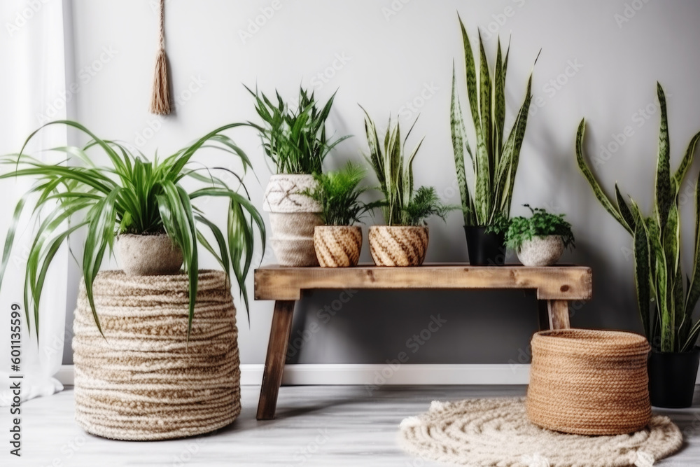 Green plants in rustic pots on wooden stand.Modern room decor. Peperomia, sansevieria, dracaena plants Green plants in rustic pots on wooden stand.Modern room decor. Peperomia, sansevieria, dracaena plants