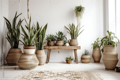 Green plants in rustic pots on wooden stand.Modern room decor. Peperomia, sansevieria, dracaena plants