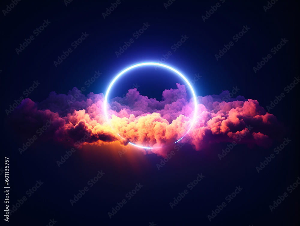 Abstract minimal concept. Dark illuminated stormy clouds background with neon glowing frame ring. Mock up template for product presentation with copy text space. 