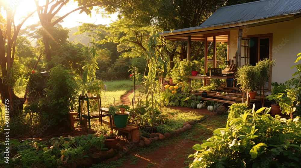 Obraz premium A small house with a vegetable garden, during nature, Live a simple life in the countryside of Thailand, Generative AI