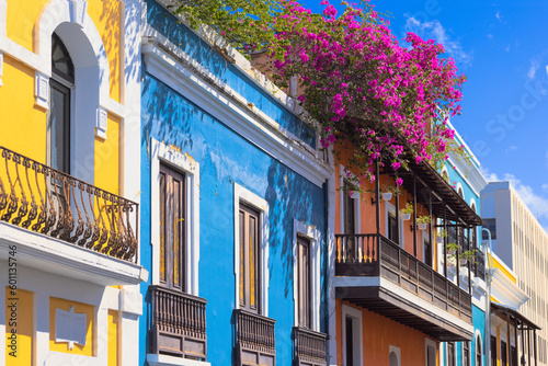 Puerto Rico colorful colonial architecture in historic city center.