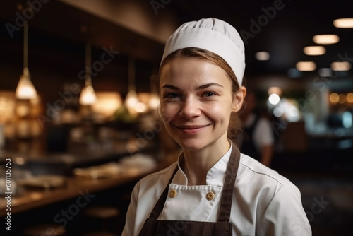 Portrait of a proud chef in the kitchen of her restaurant. Composite with different elements made with generative AI