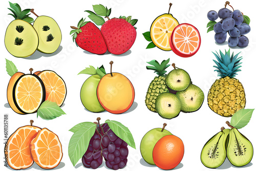 A set of exotic fruits and berries (strawberry, orange, pineapple, pear, grape, tangerine, kiwi, apple, lemon) with green leaves isolated on a white background. Generative AI.