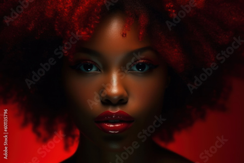 Beauty portrait of a black woman with afro hair and bold red lipstick. Composite with different elements made with generative AI