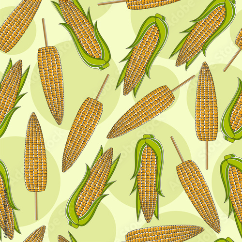 Vector seamless pattern with corn cobs and corn on stick on a light green background. Farmhouse Decor.