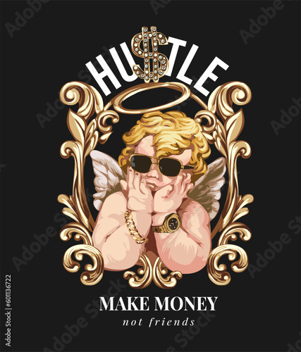 Fotografija hustle slogan with baby angel in sunglasses and golden frame ornament vector ill