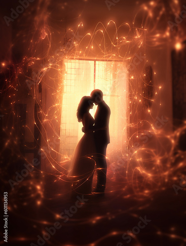 il vero amore, silhouette di una coppia tra petali, luci magiche e cuori , concetto di vero amore, san valentino, creata con intelligenza artificiale, photo