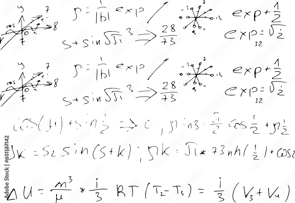 Mathematical scientific formulas and expressions. Educational, school and university background. Hand-drawn vector on white. Mathematical scientific formulas and expressions. Educational, school and university background. Hand-drawn vector on white.
